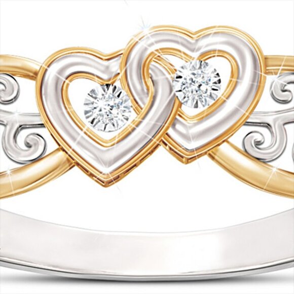 💎 Lovely Double Heart Carved Flower Two Color Plated Rings for Women,PD697 - Picture 8 of 10